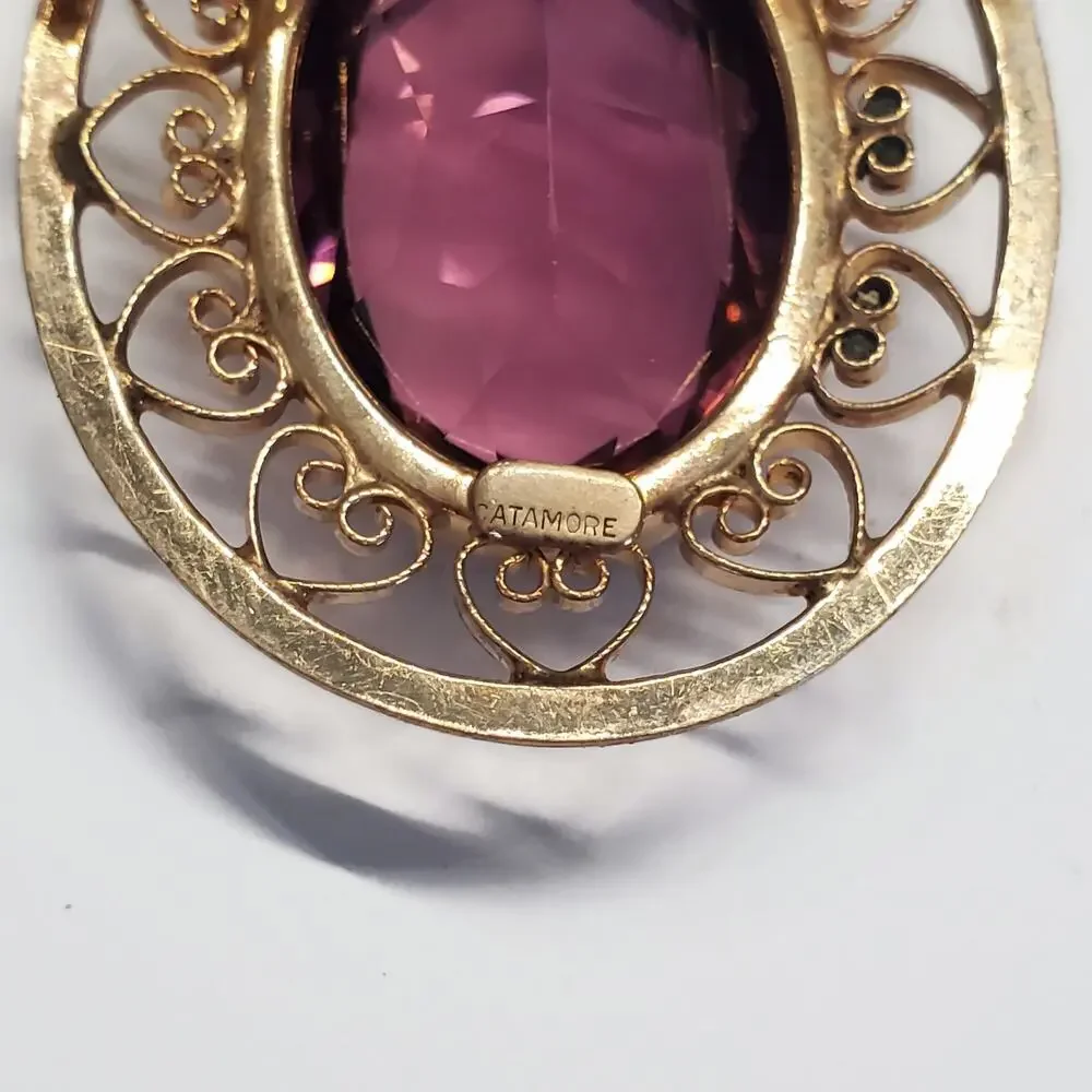 Vintage Catamore 1/20 12K G.F.  Purple Amethyst Glass Gold-filled Filgree Brooch